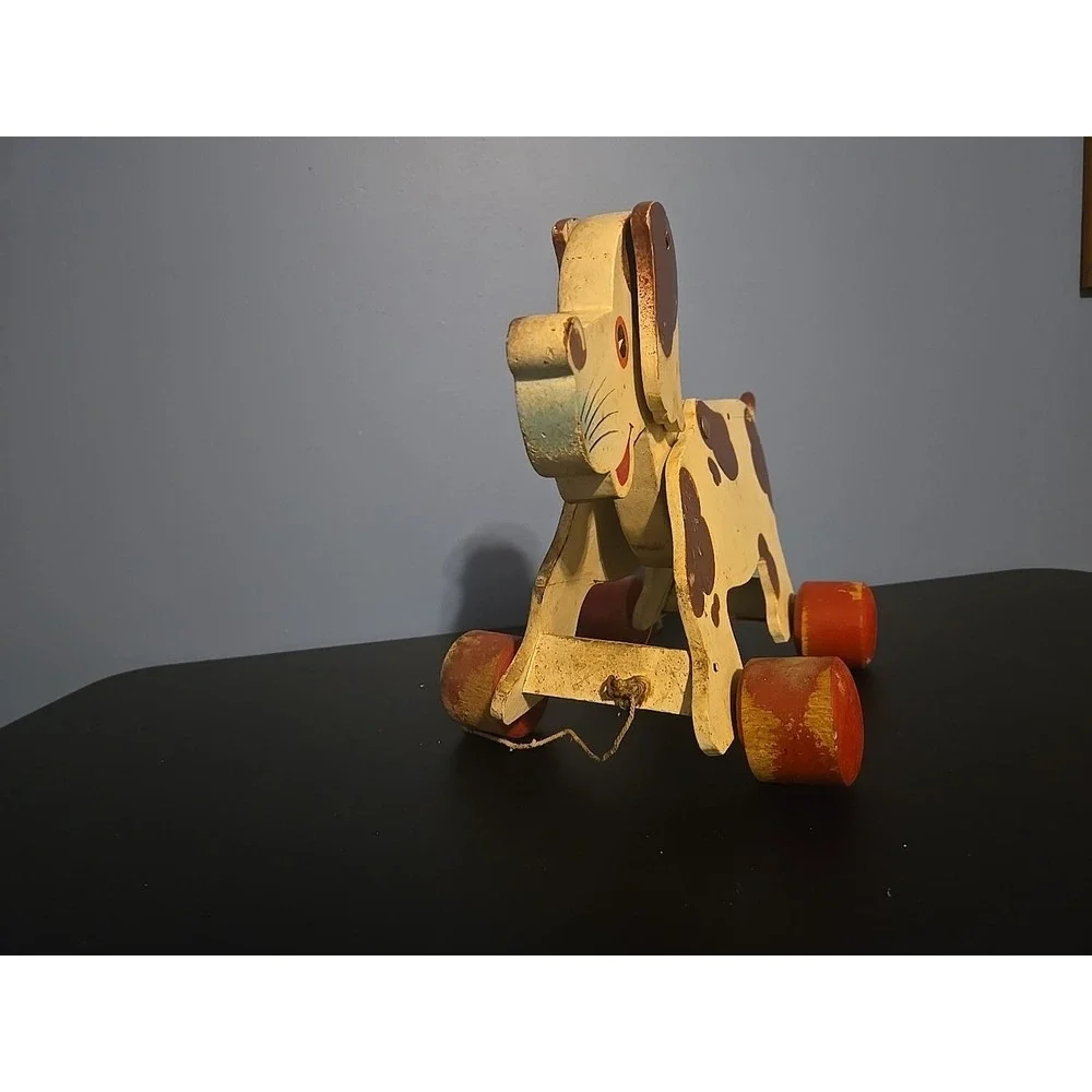 Vintage Antique Playful Dog Pup Pull Toy Dog Wagging Moving Tail And Ears
